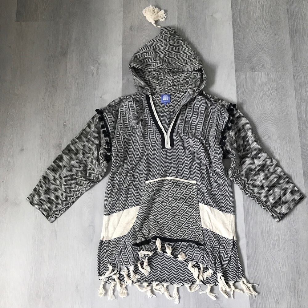 WOMENS BOHO FRIBGE POMPOM HOODED PULLOVER OVERSIZE TUNIC WOMENS SMALL